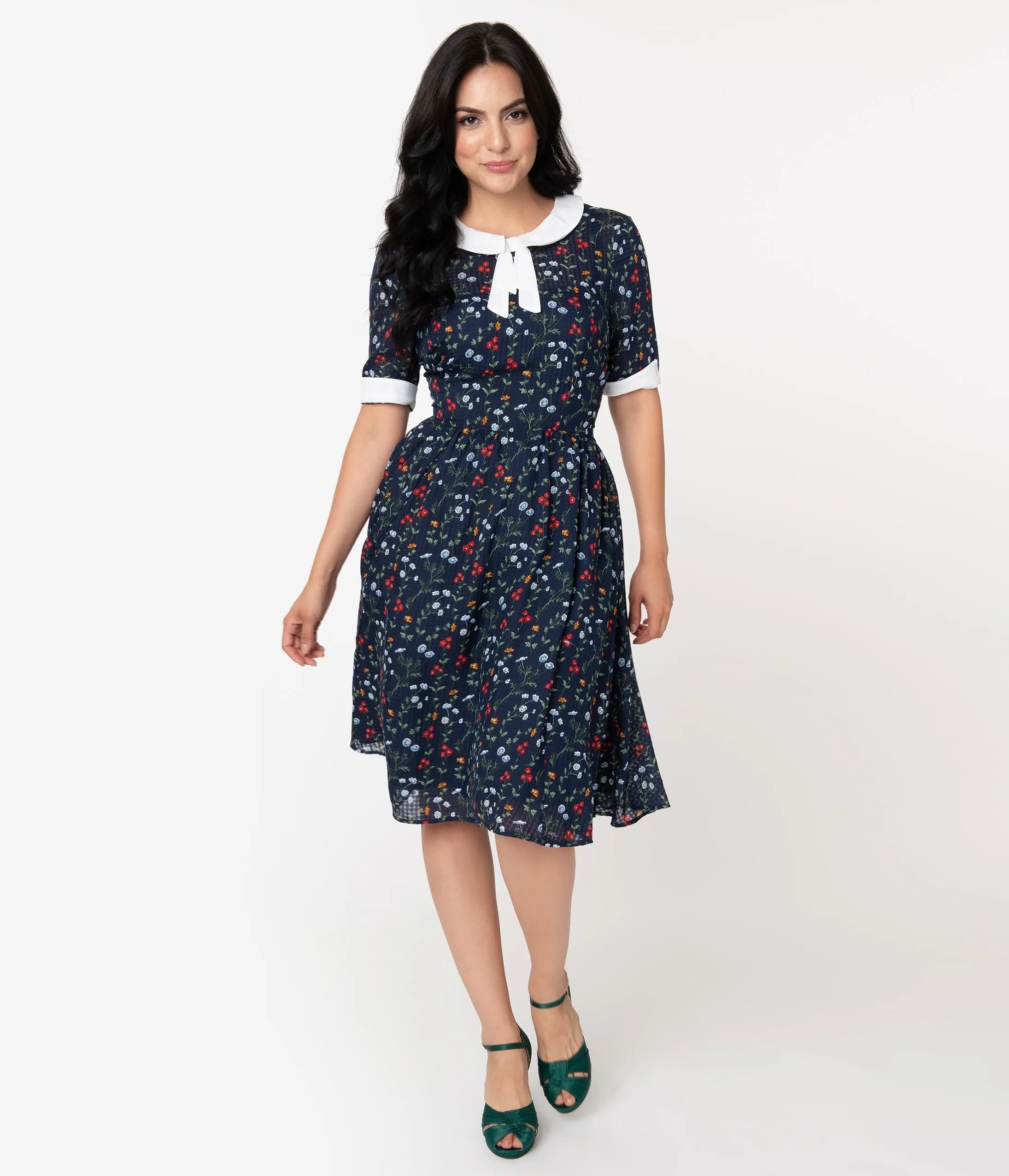 Unique Vintage 1950s Style Navy Floral Francine Swing Dress