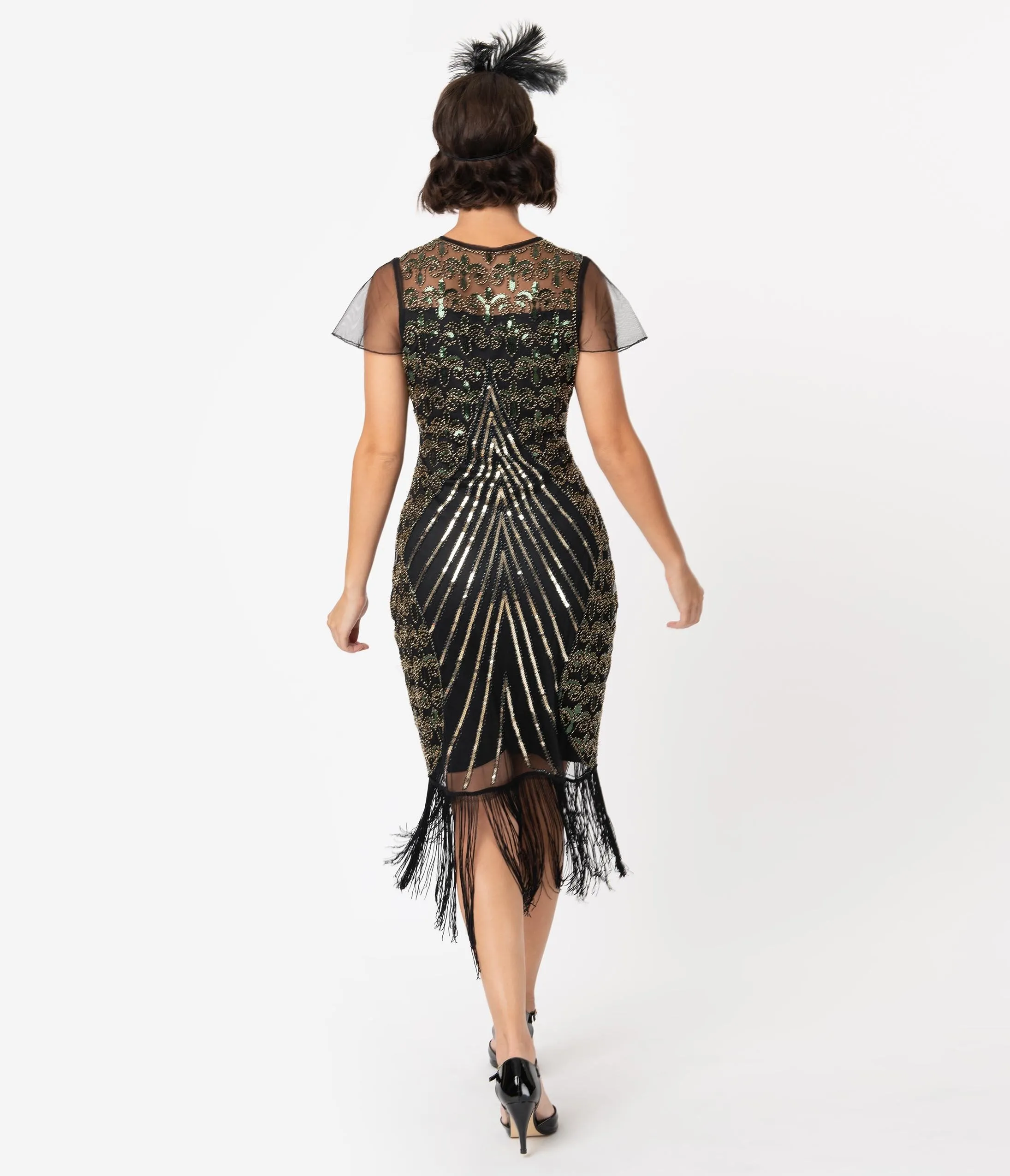 Unique Vintage Black & Gold Beaded Cap Sleeve Rolande Fringe Flapper Dress