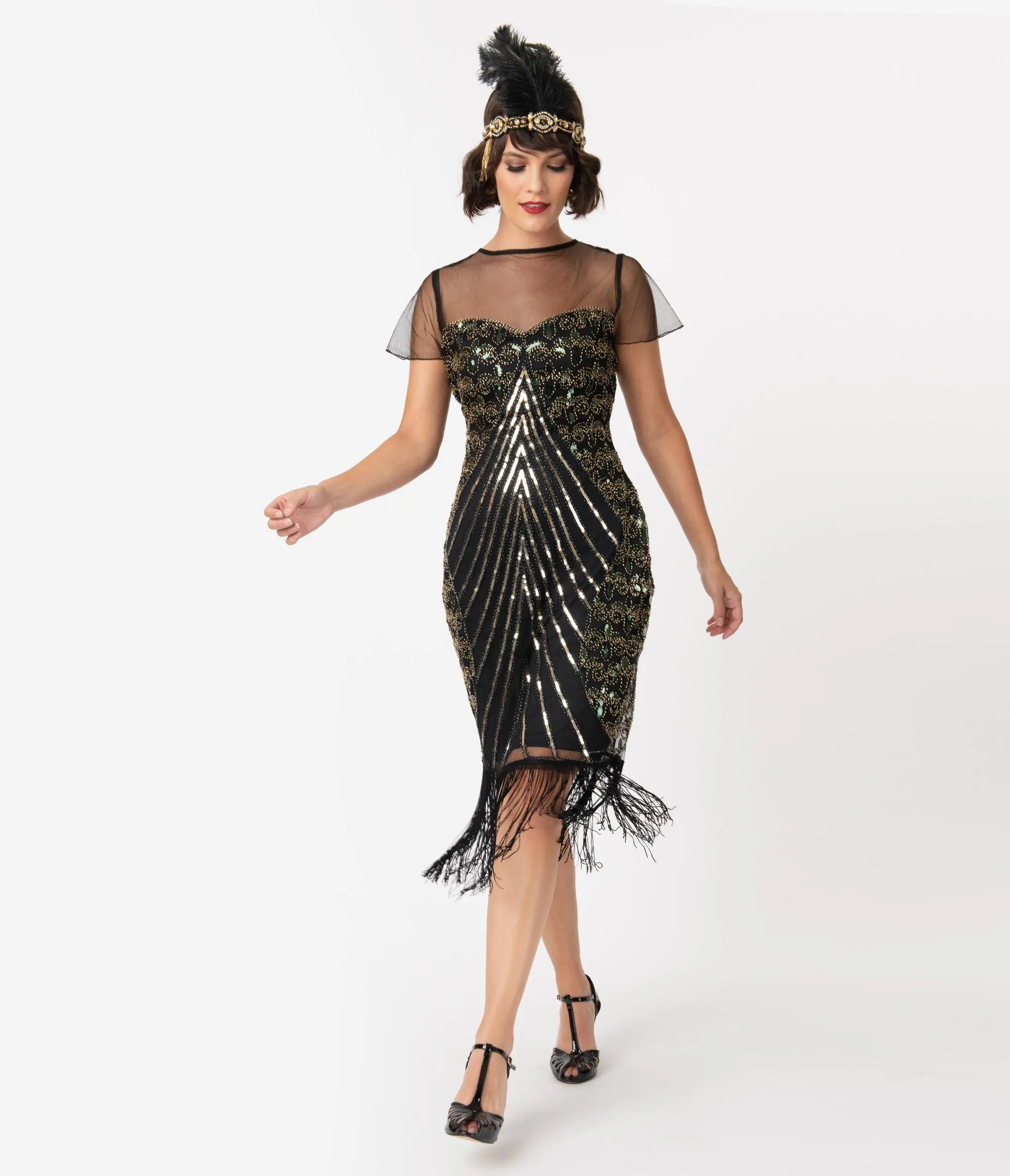 Unique Vintage Black & Gold Beaded Cap Sleeve Rolande Fringe Flapper Dress