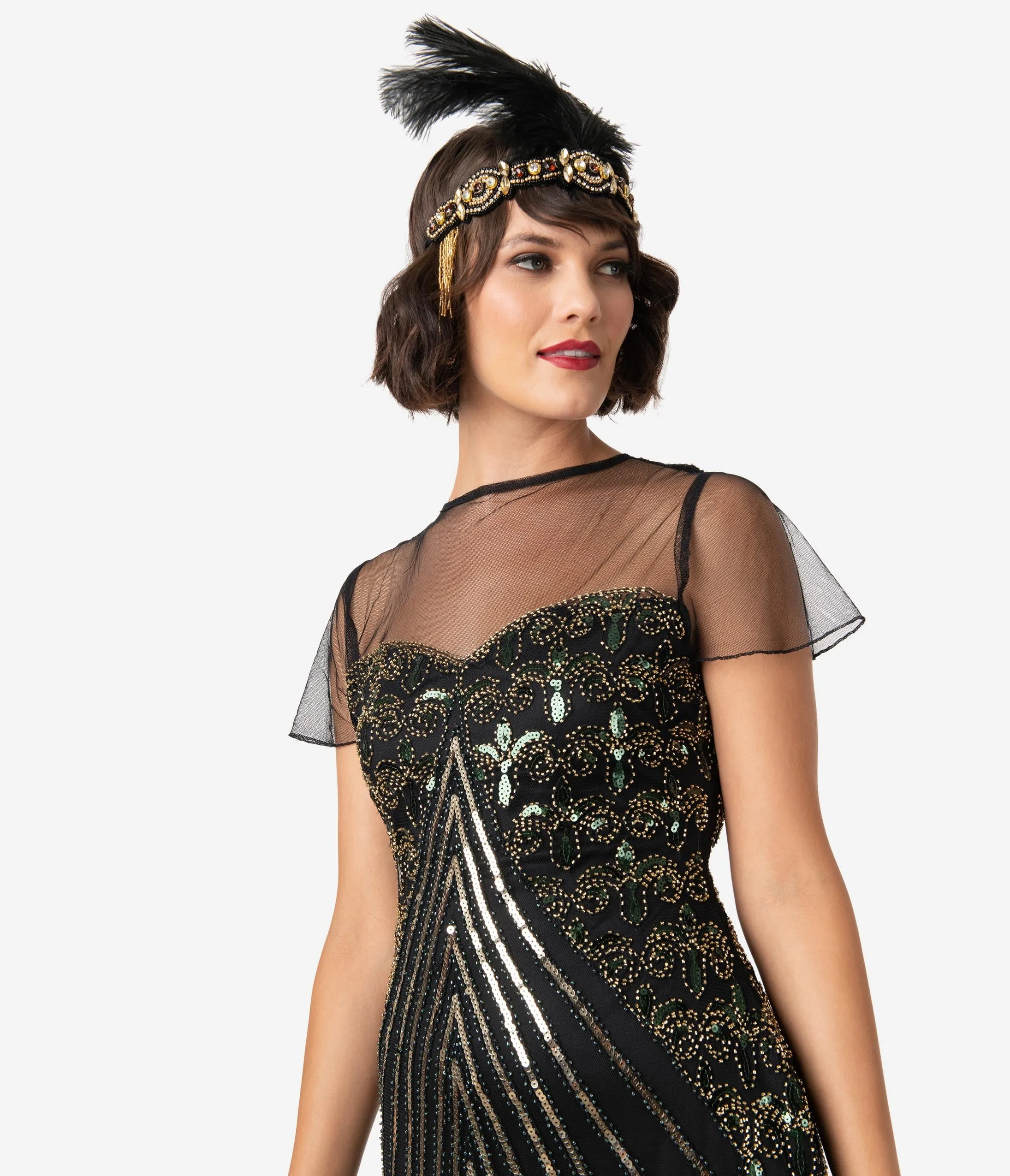 Unique Vintage Black & Gold Beaded Cap Sleeve Rolande Fringe Flapper Dress