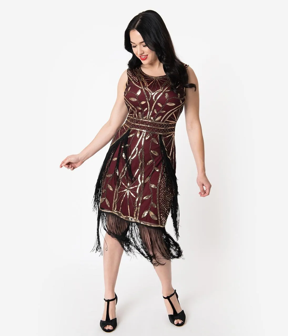 Unique Vintage Burgundy & Gold Beaded Ambroise Flapper Dress