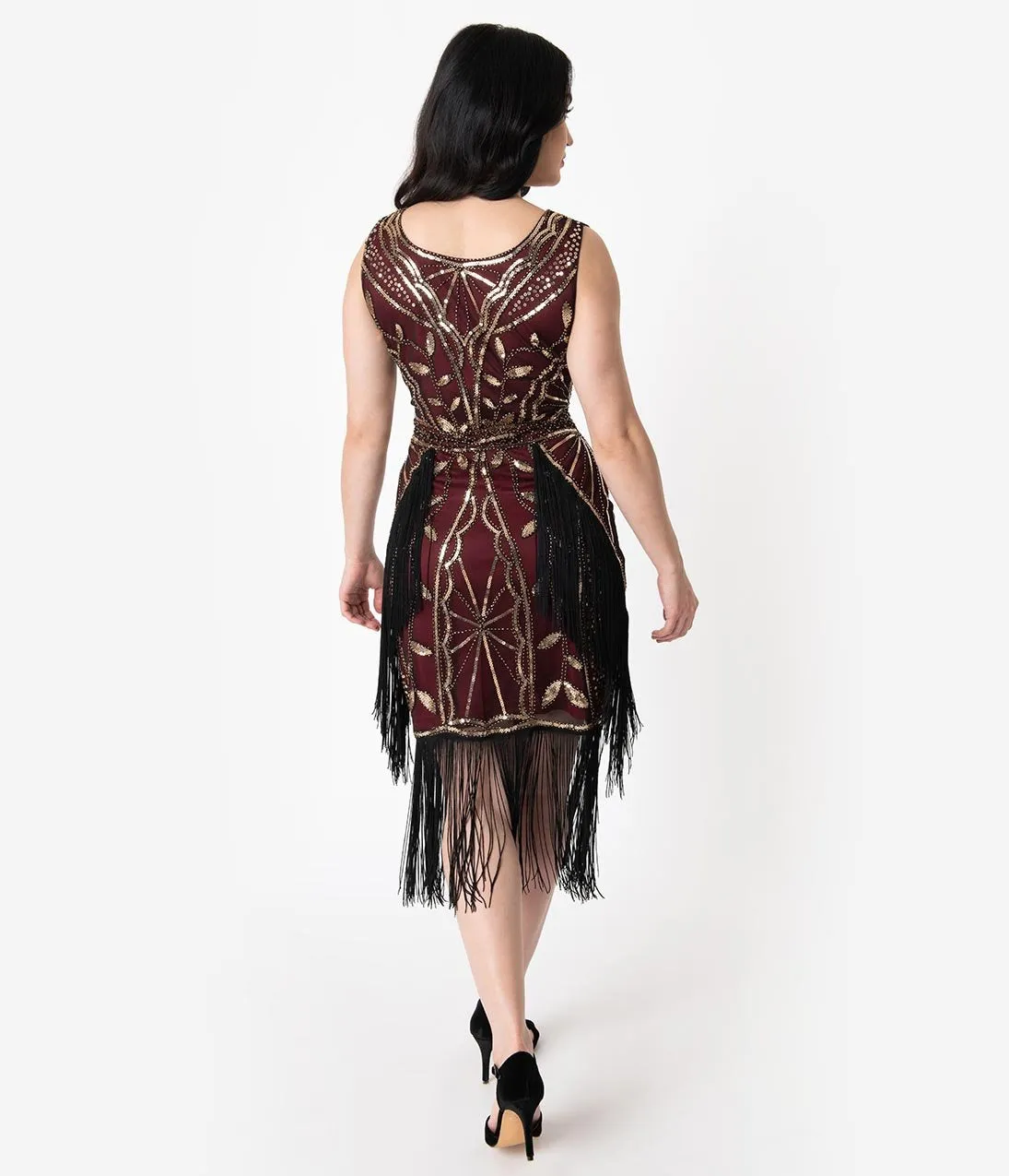 Unique Vintage Burgundy & Gold Beaded Ambroise Flapper Dress