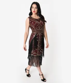 Unique Vintage Burgundy & Gold Beaded Ambroise Flapper Dress