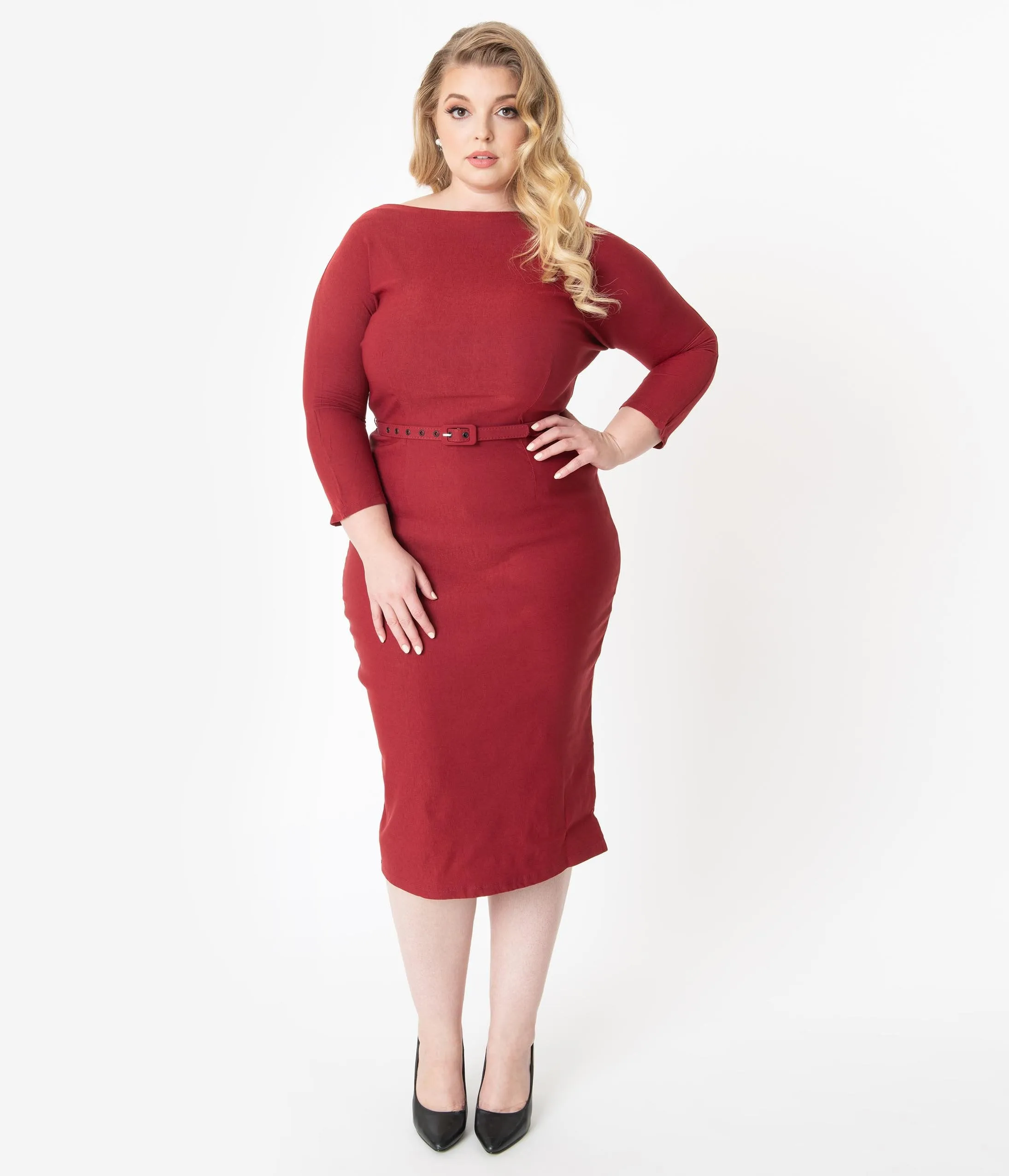 Unique Vintage Plus Size 1940s Style Red Sleeved Adelia Wiggle Dress