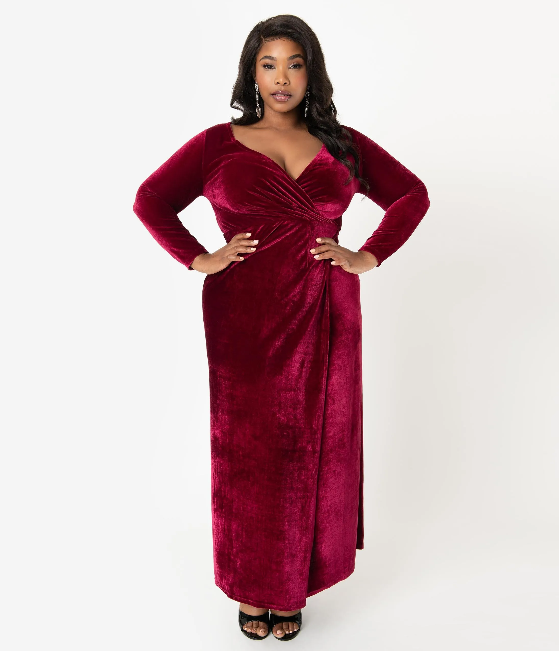 Unique Vintage Plus Size Merlot Red Velvet Sleeved Warner Faux Wrap Dress