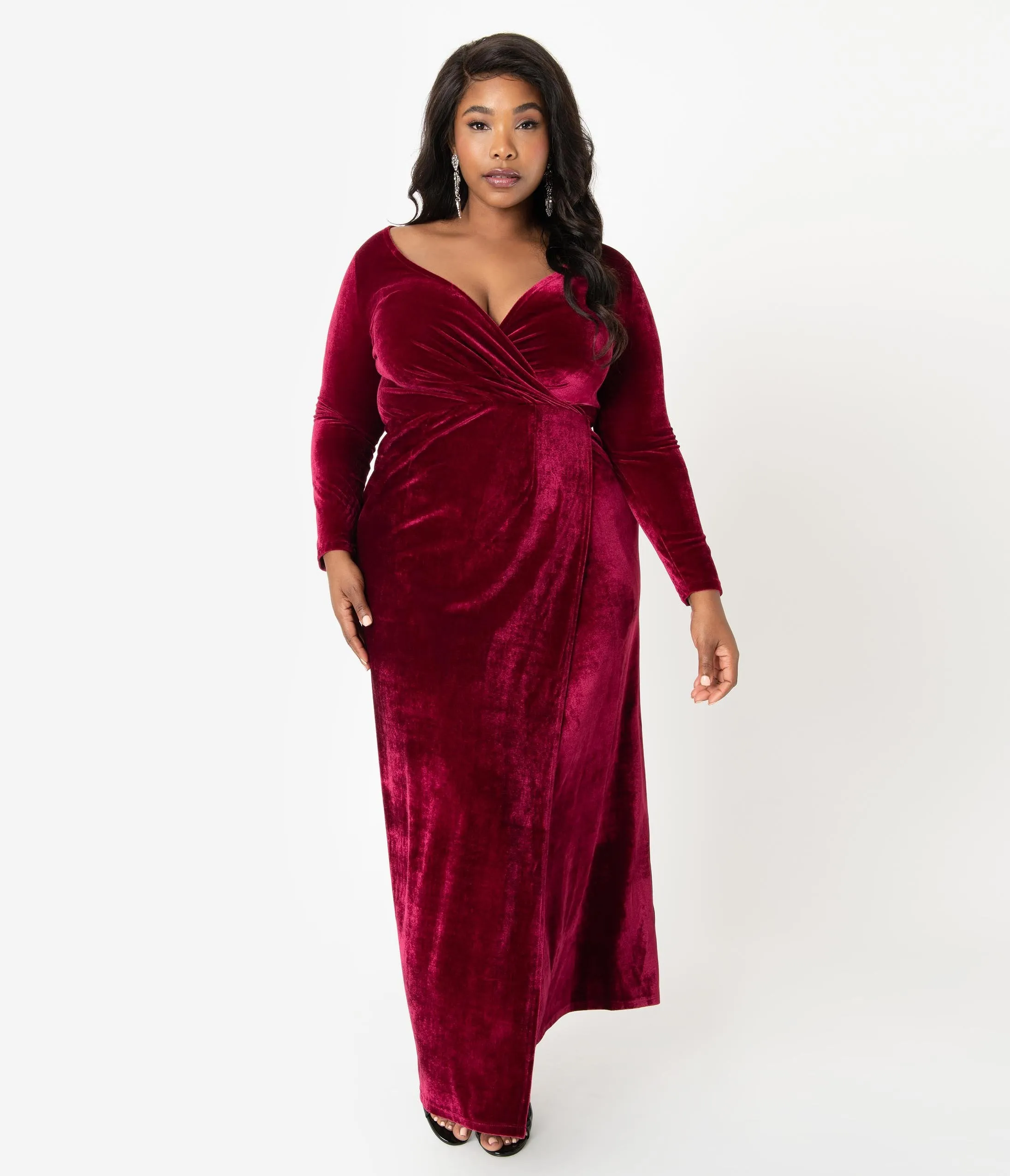 Unique Vintage Plus Size Merlot Red Velvet Sleeved Warner Faux Wrap Dress