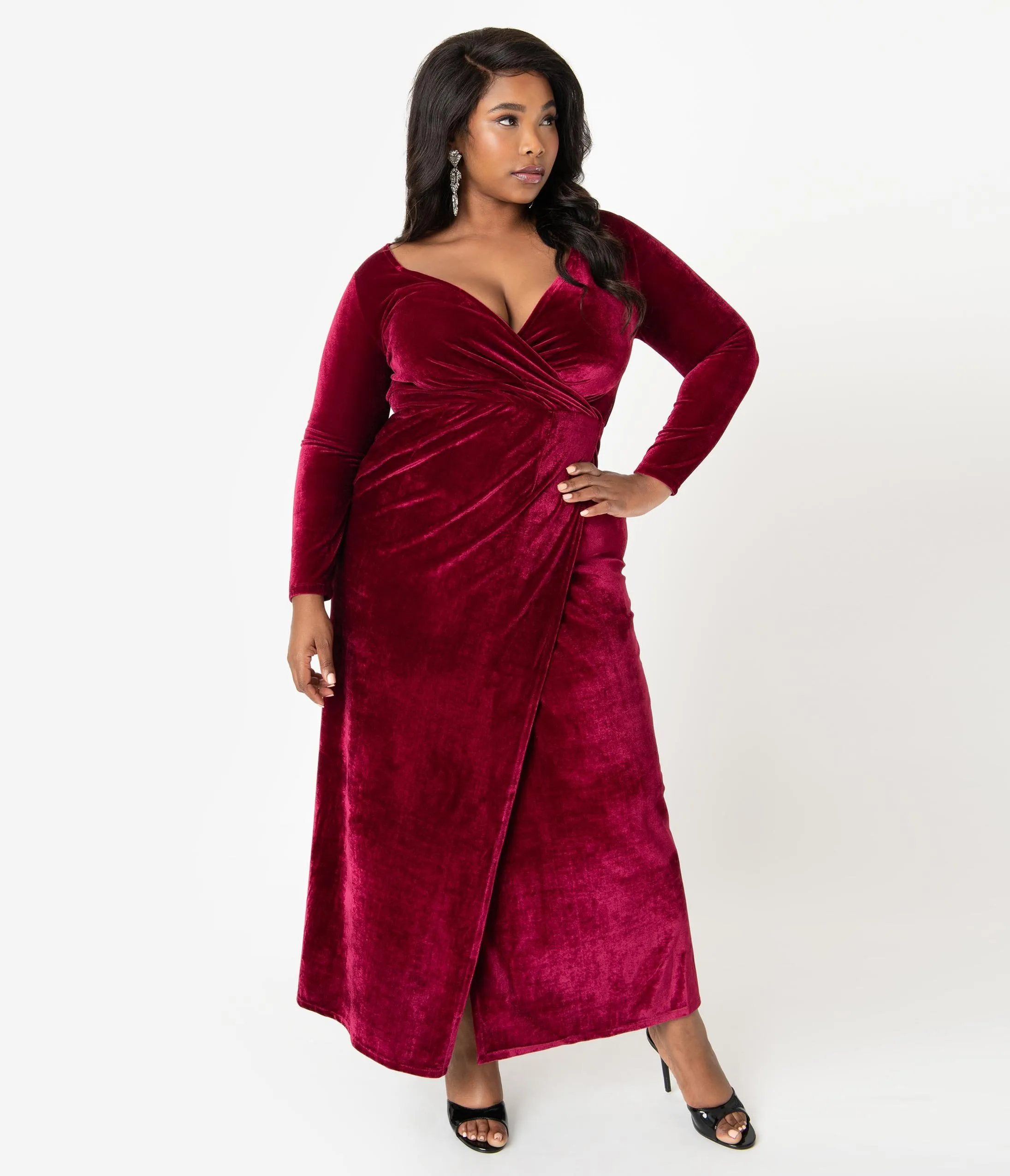 Unique Vintage Plus Size Merlot Red Velvet Sleeved Warner Faux Wrap Dress