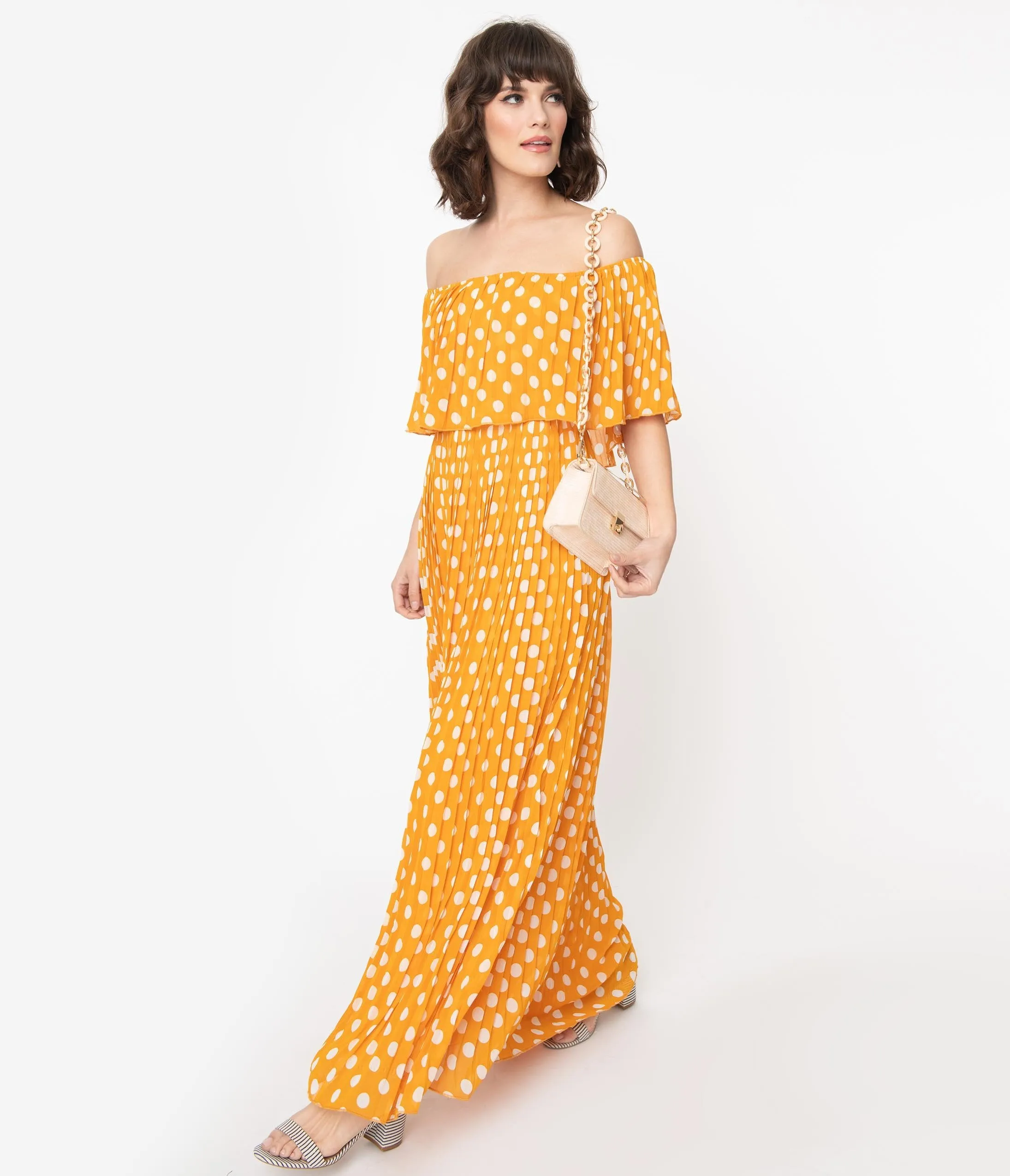 Vintage Style Marigold & Ivory Polka Dots Pleated Maxi Dress