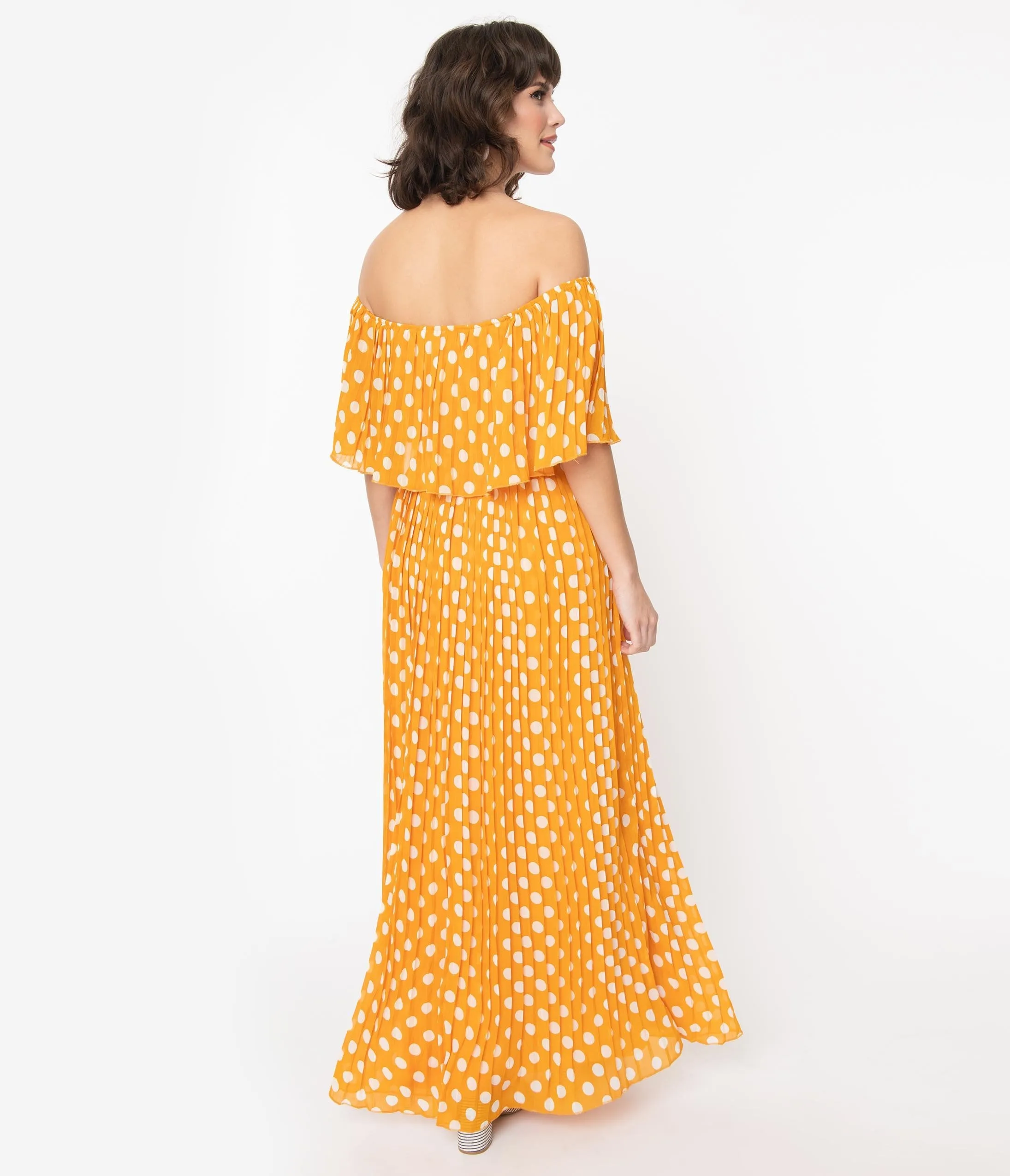 Vintage Style Marigold & Ivory Polka Dots Pleated Maxi Dress