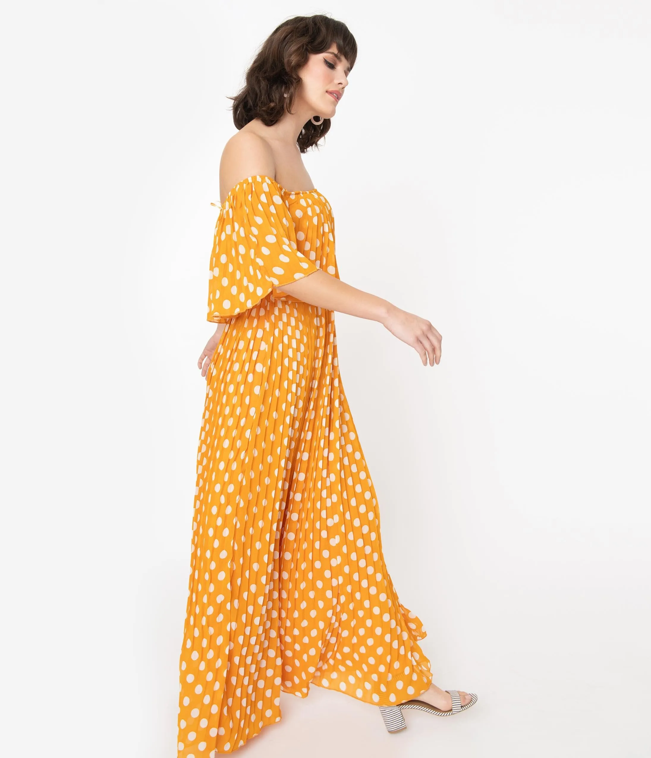 Vintage Style Marigold & Ivory Polka Dots Pleated Maxi Dress