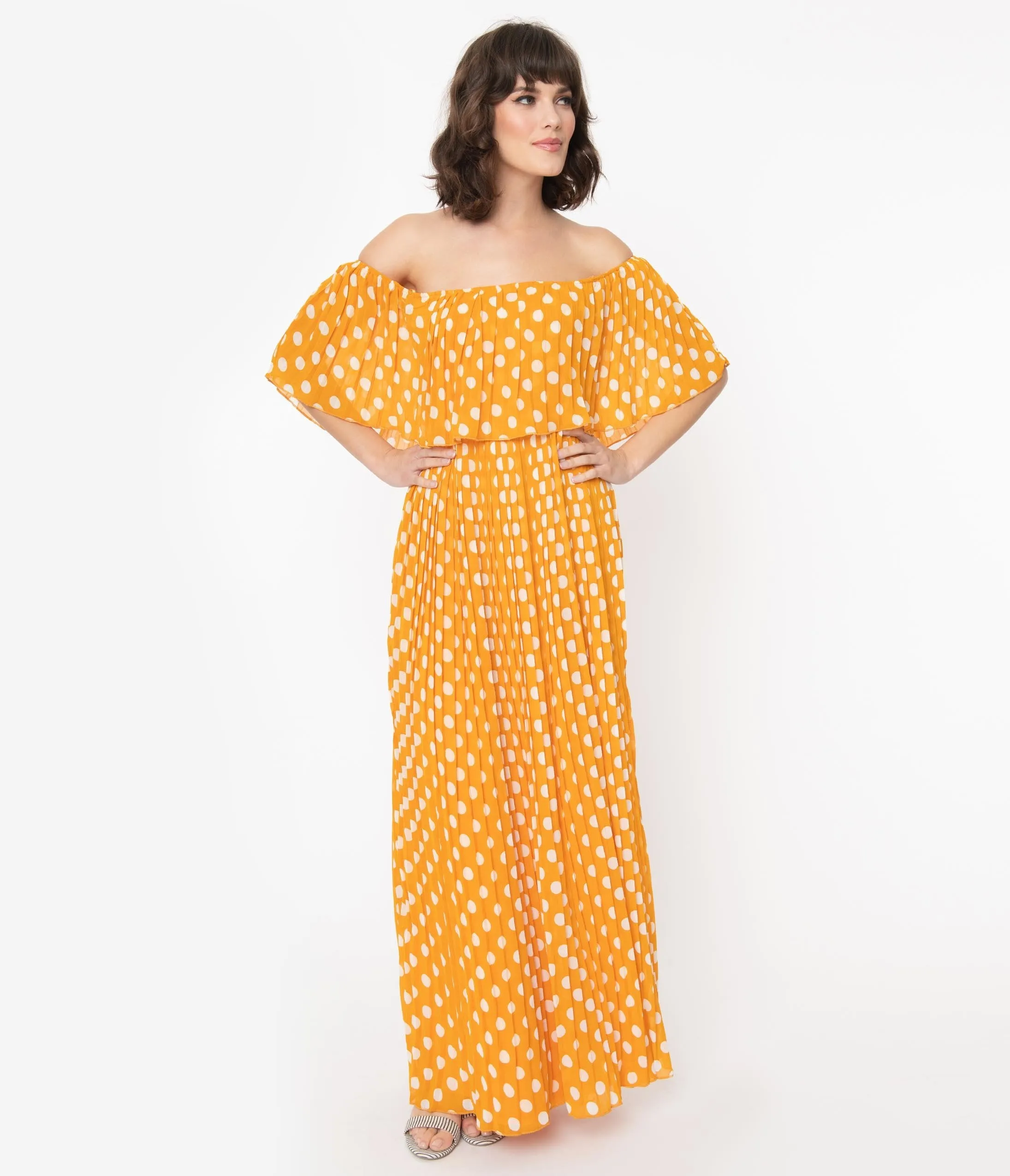 Vintage Style Marigold & Ivory Polka Dots Pleated Maxi Dress