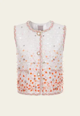 White Beaded Sequin Tweed Vest