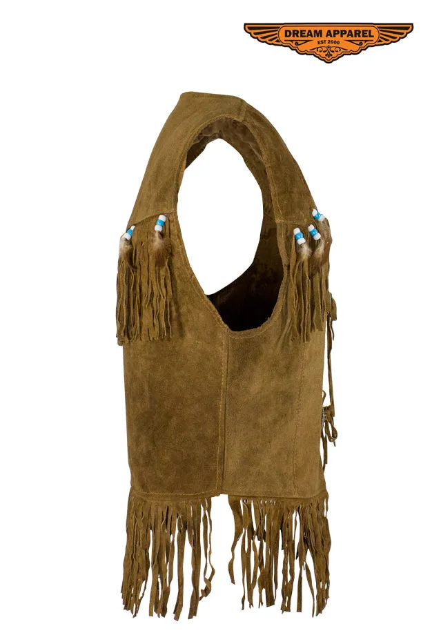 Women Brown Western Style Vest with Fringes and Beads Genuine Leather