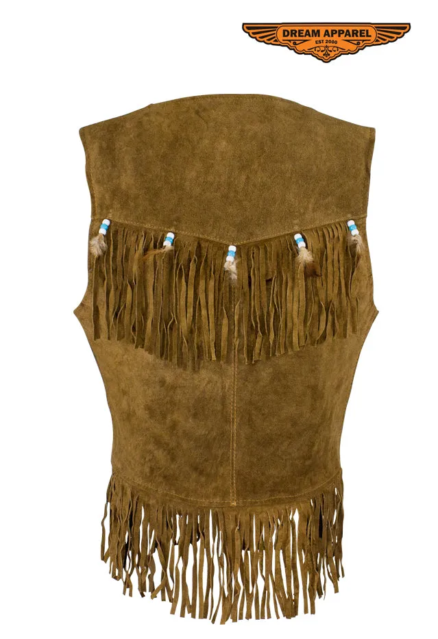 Women Brown Western Style Vest with Fringes and Beads Genuine Leather