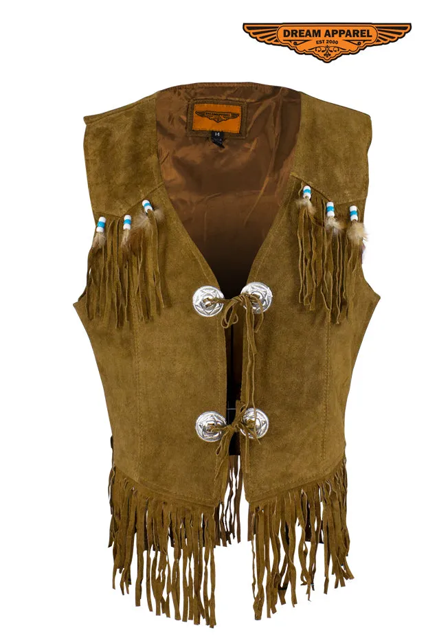 Women Brown Western Style Vest with Fringes and Beads Genuine Leather