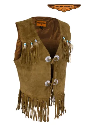 Women Brown Western Style Vest with Fringes and Beads Genuine Leather