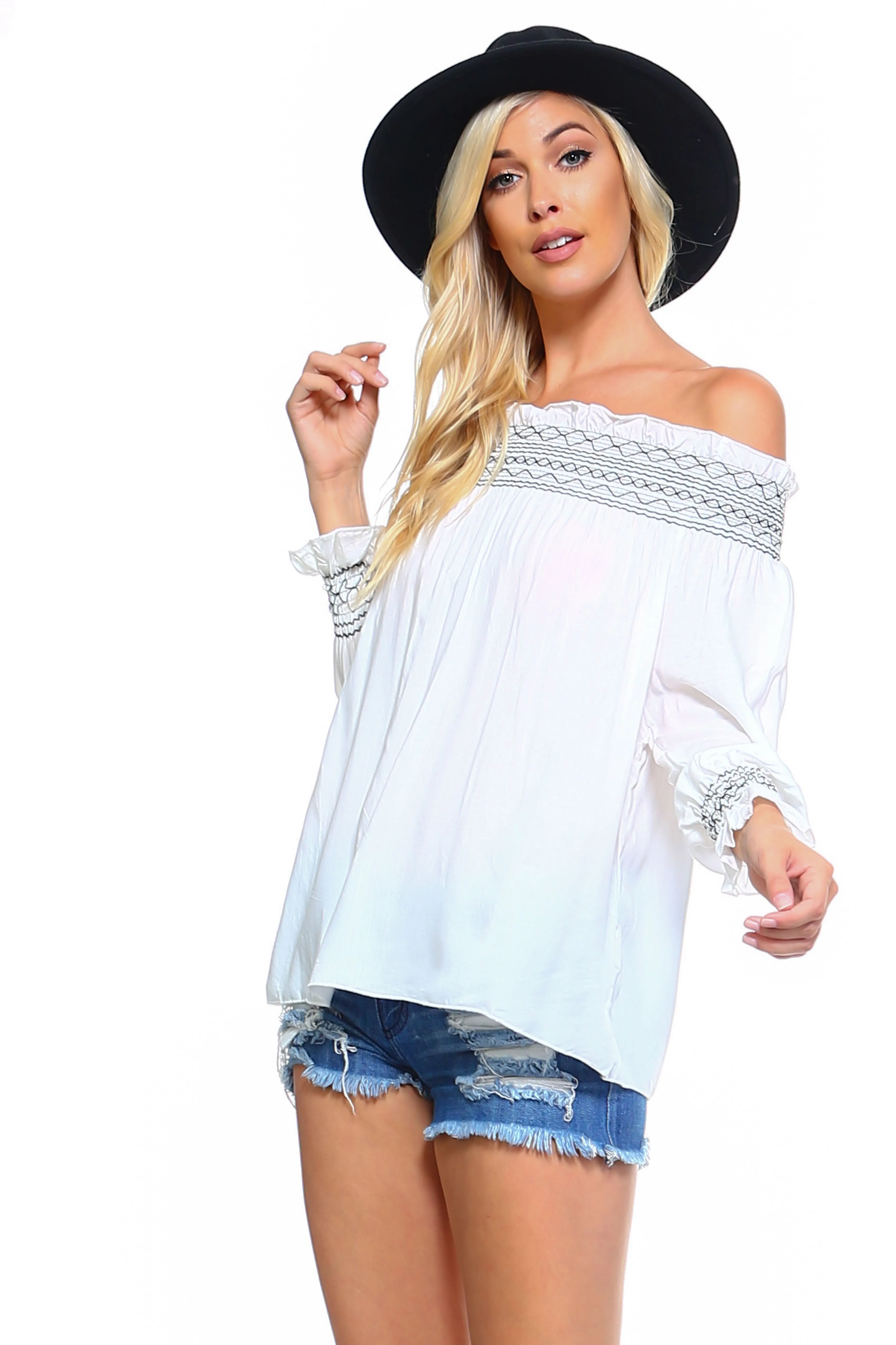 Women's Off Shoulder Stripe Smocked Elastic Top